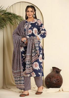 Navy Blue Motif Cotton Kurta Dupatta Set