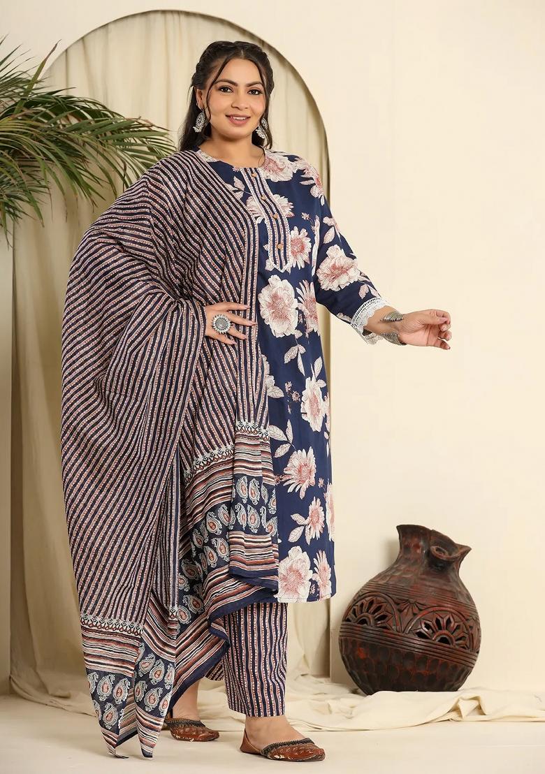 Navy Blue Motif Cotton Kurta Dupatta Set - Indya