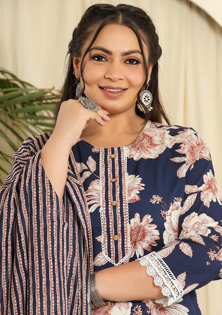 Navy Blue Motif Cotton Kurta Dupatta Set - Indya