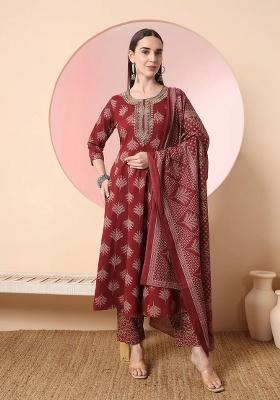 Maroon Motif Cotton Kurta Dupatta Set