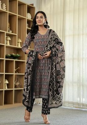 Black Motif Cotton Kurta Dupatta Set