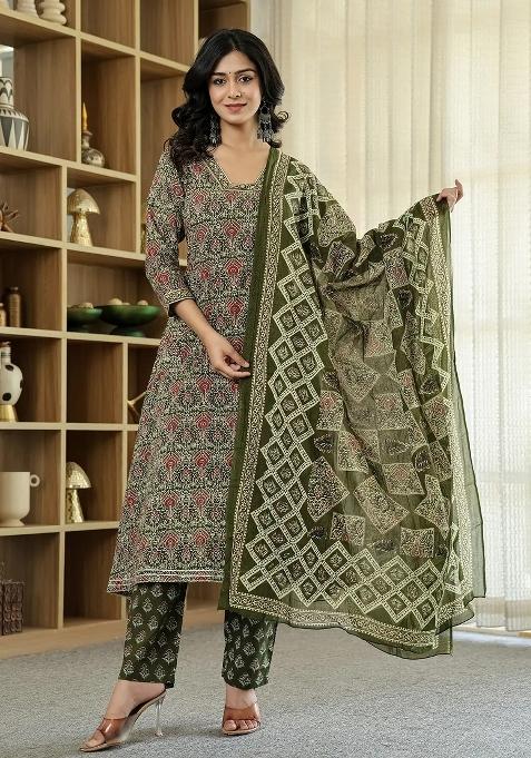 Olive Motif Cotton Kurta Dupatta Set