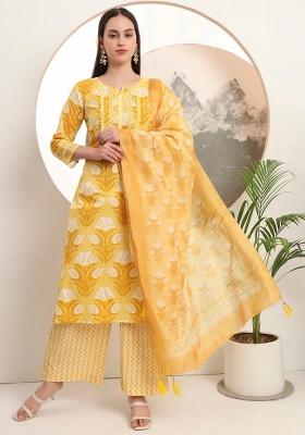 Yellow Motif Cotton Kurta Dupatta Set