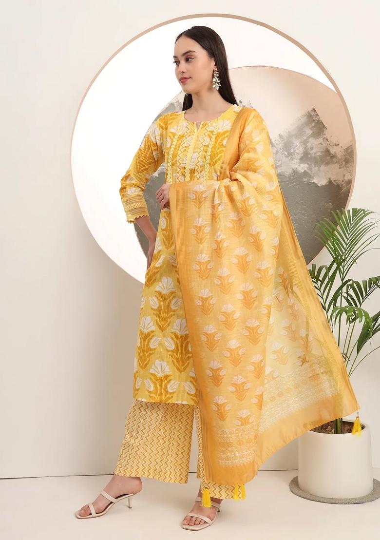 Yellow Motif Cotton Kurta Dupatta Set - Indya