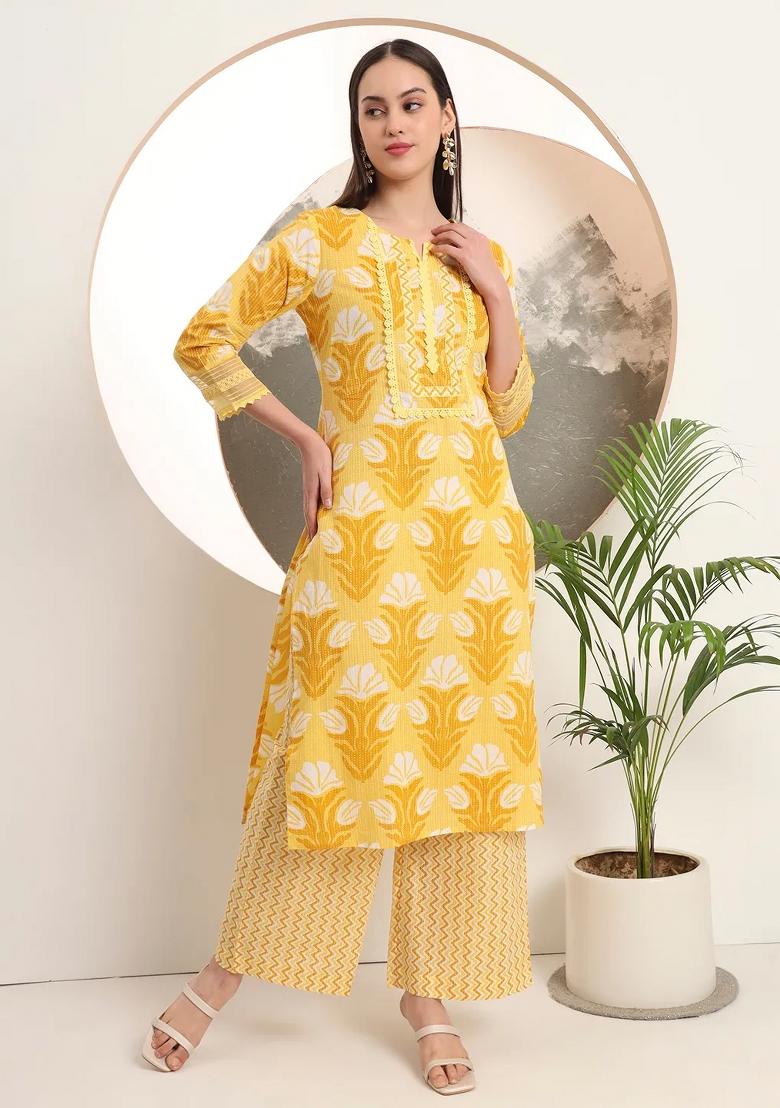 Yellow Motif Cotton Kurta Dupatta Set - Indya
