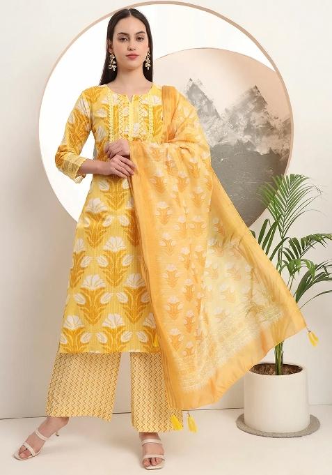 Yellow Motif Cotton Kurta Dupatta Set