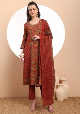 Red Printed Cotton Kurta Dupatta Set