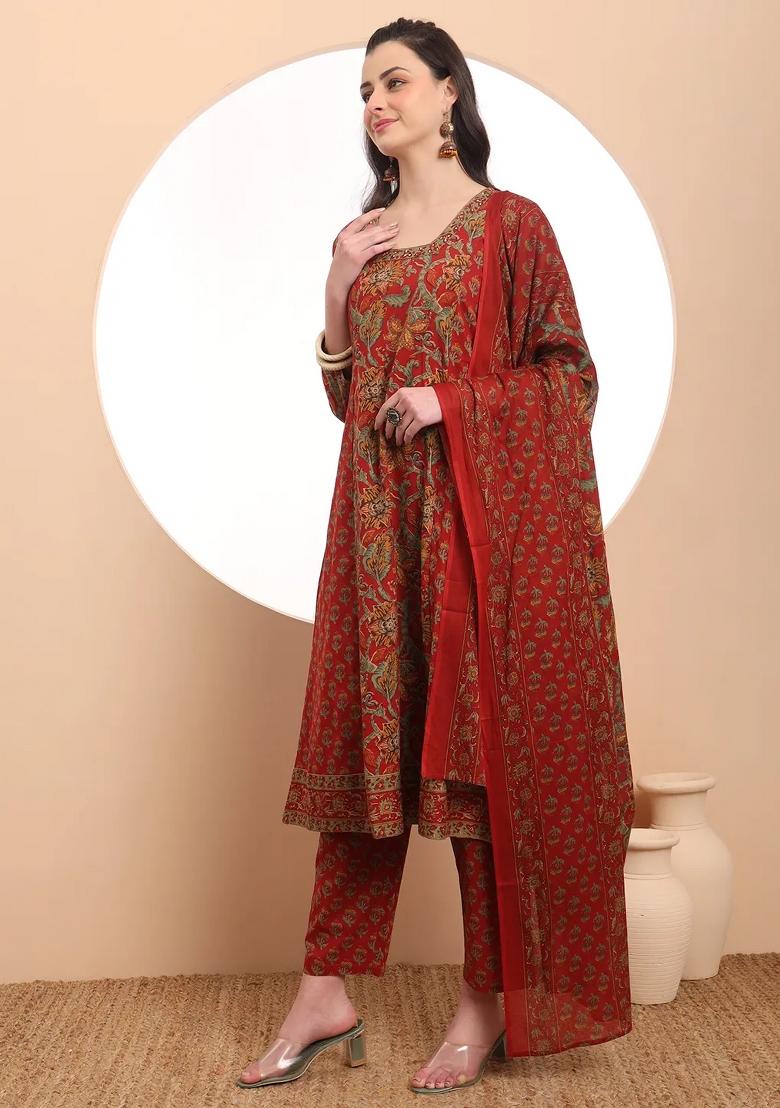 Red Printed Cotton Kurta Dupatta Set - Indya
