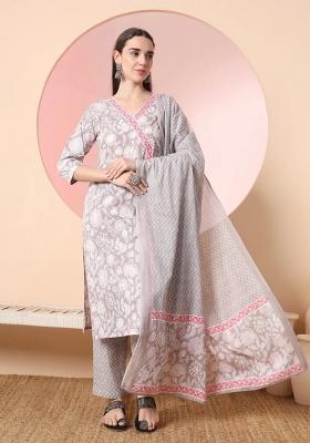 Grey Motif Cotton Kurta Dupatta Set