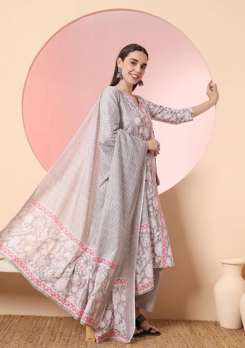 Grey Motif Cotton Kurta Dupatta Set - Indya