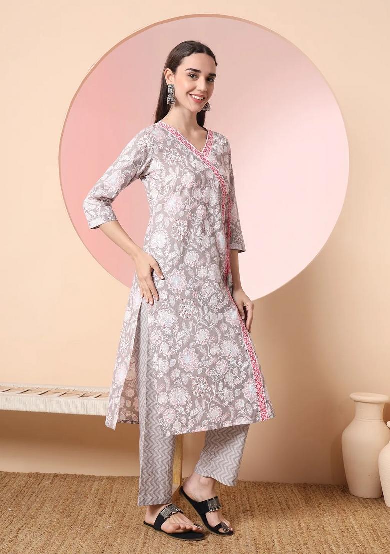 Grey Motif Cotton Kurta Dupatta Set - Indya