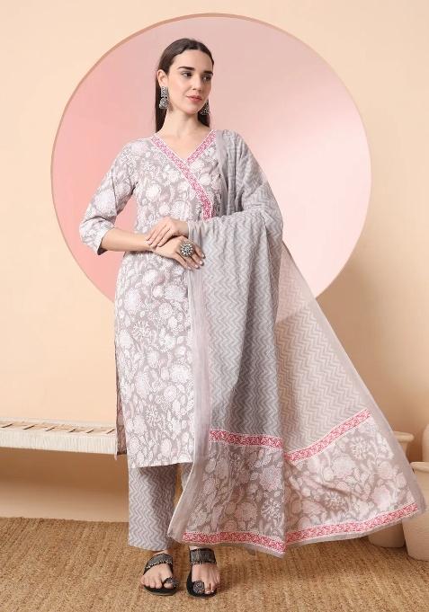 Grey Motif Cotton Kurta Dupatta Set