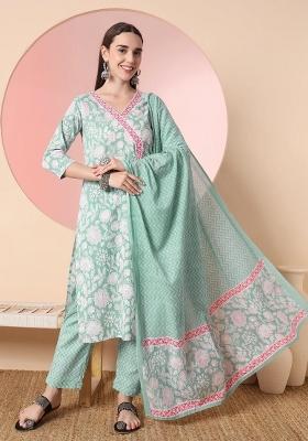 Sea Green Motif Cotton Kurta Dupatta Set