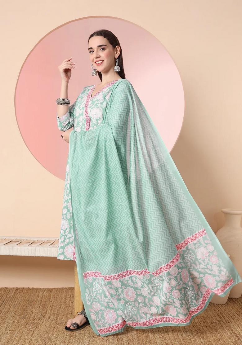 Sea Green Motif Cotton Kurta Dupatta Set - Indya