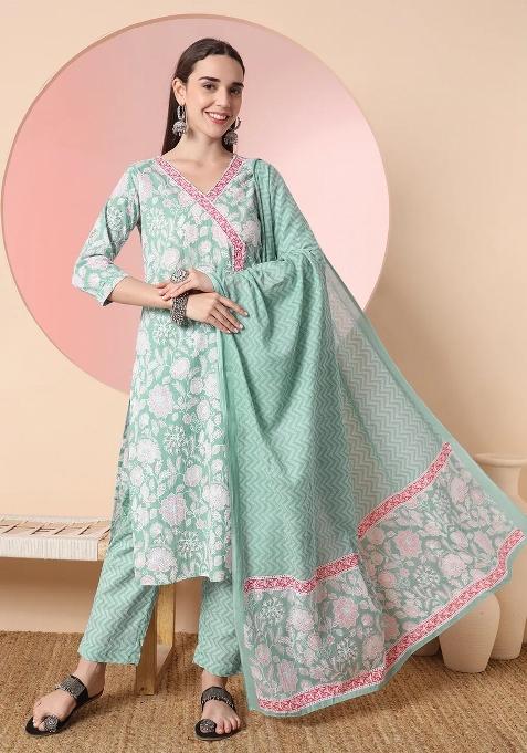 Sea Green Motif Cotton Kurta Dupatta Set