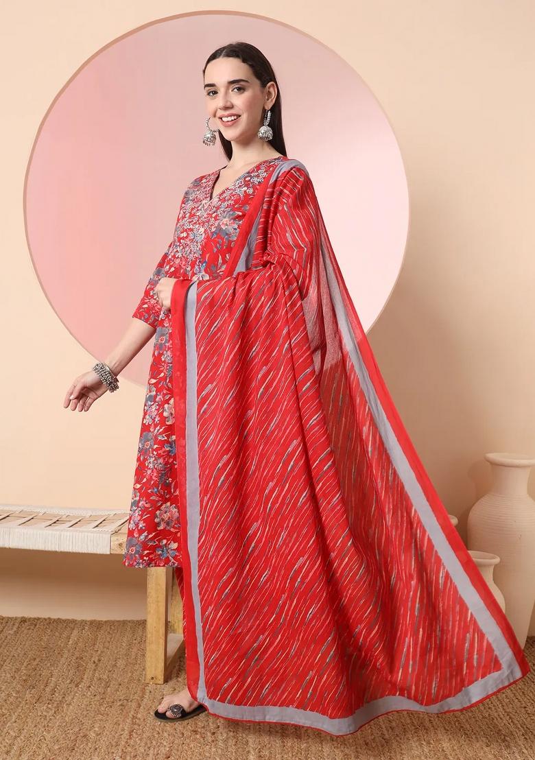 Red Motif Cotton Kurta Dupatta Set - Indya