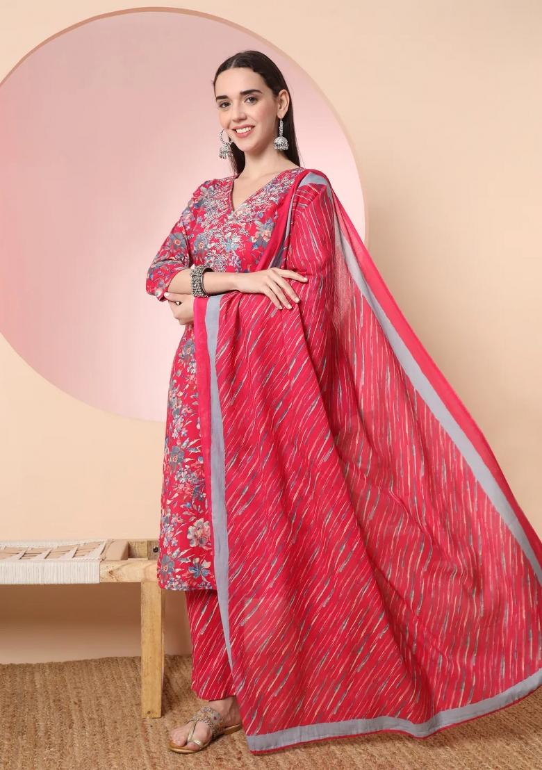 Pink Motif Cotton Kurta Dupatta Set - Indya