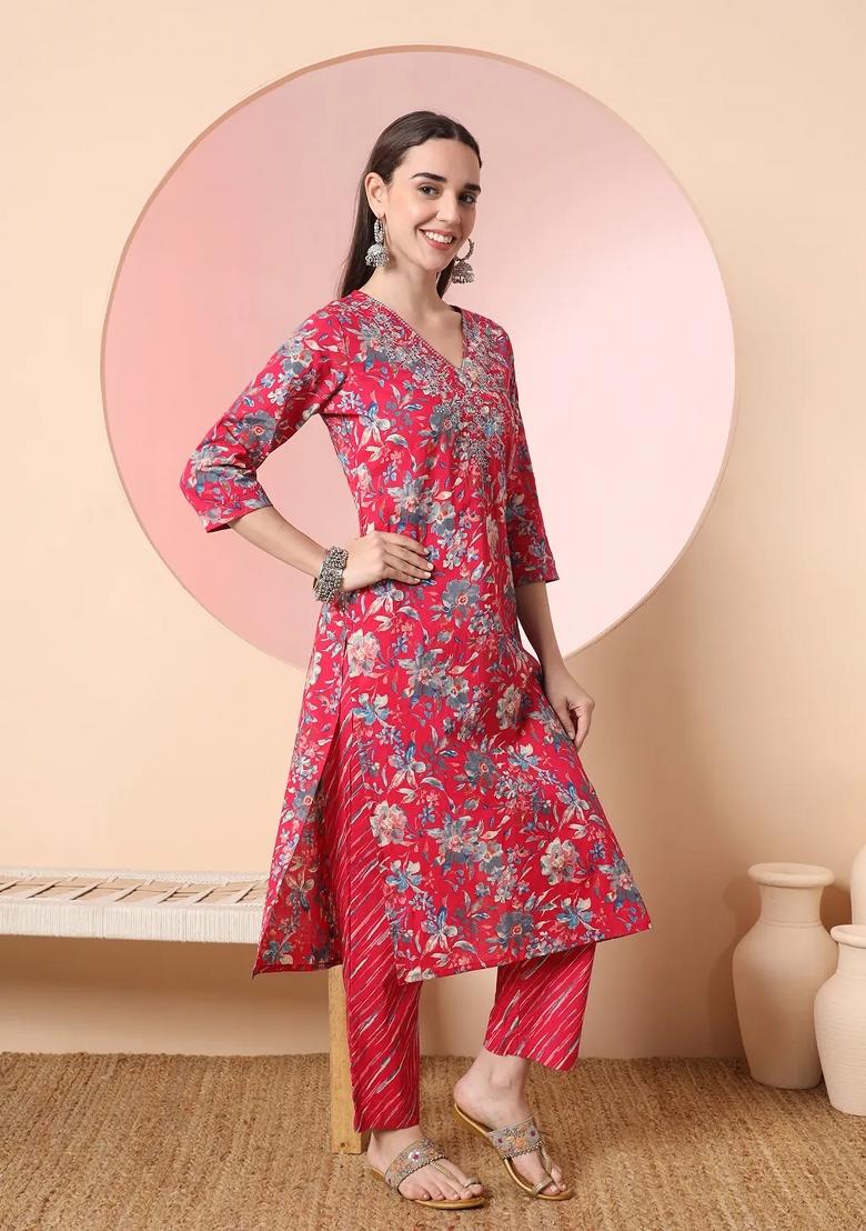 Pink Motif Cotton Kurta Dupatta Set - Indya