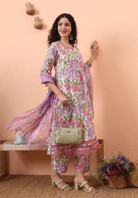White Floral Print Cotton Kurta Dupatta Set
