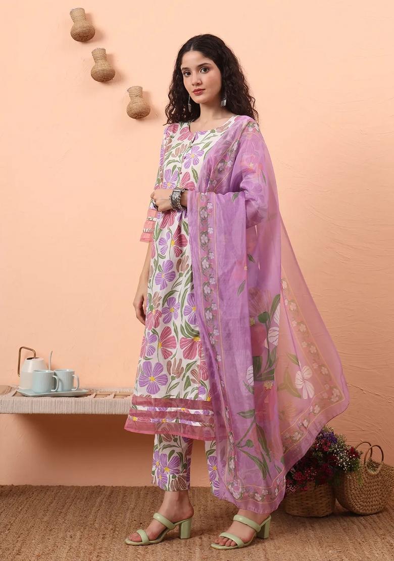 White Floral Print Cotton Kurta Dupatta Set - Indya