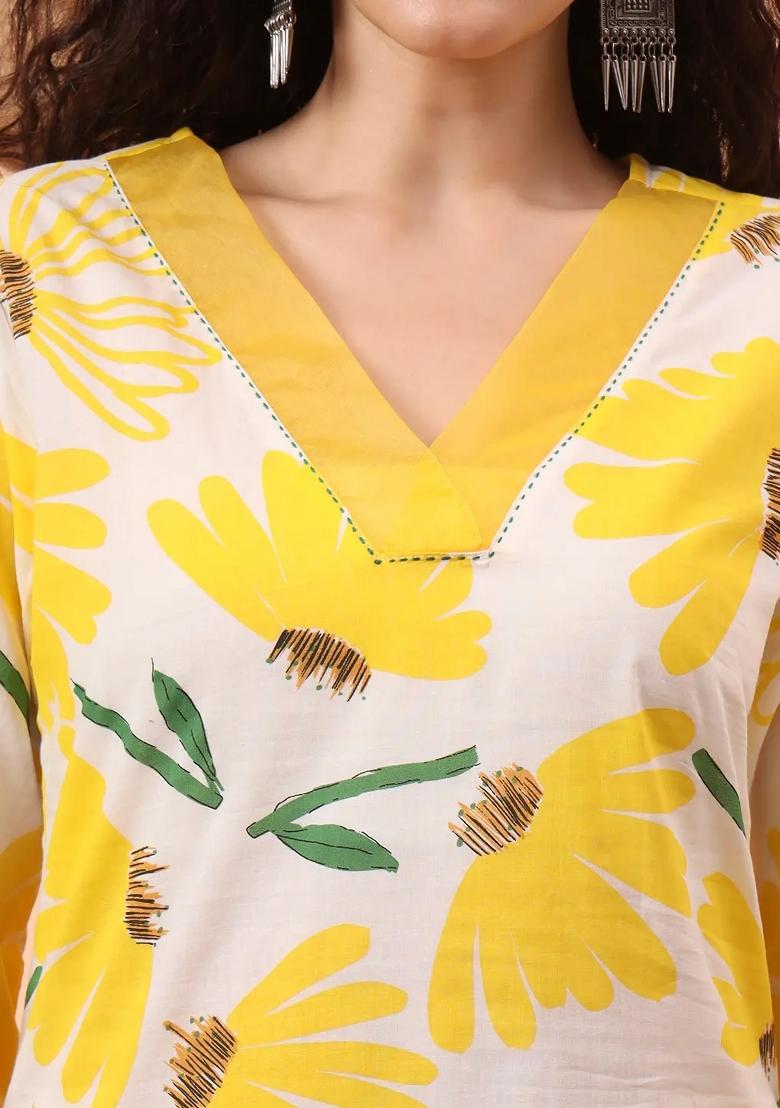 Yellow Floral Print Cotton Kurta Dupatta Set - Indya