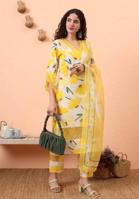 Yellow Floral Print Cotton Kurta Dupatta Set
