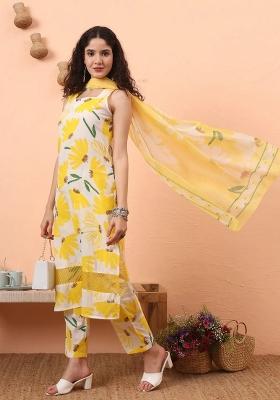 Yellow Floral Print Cotton Kurta Dupatta Set