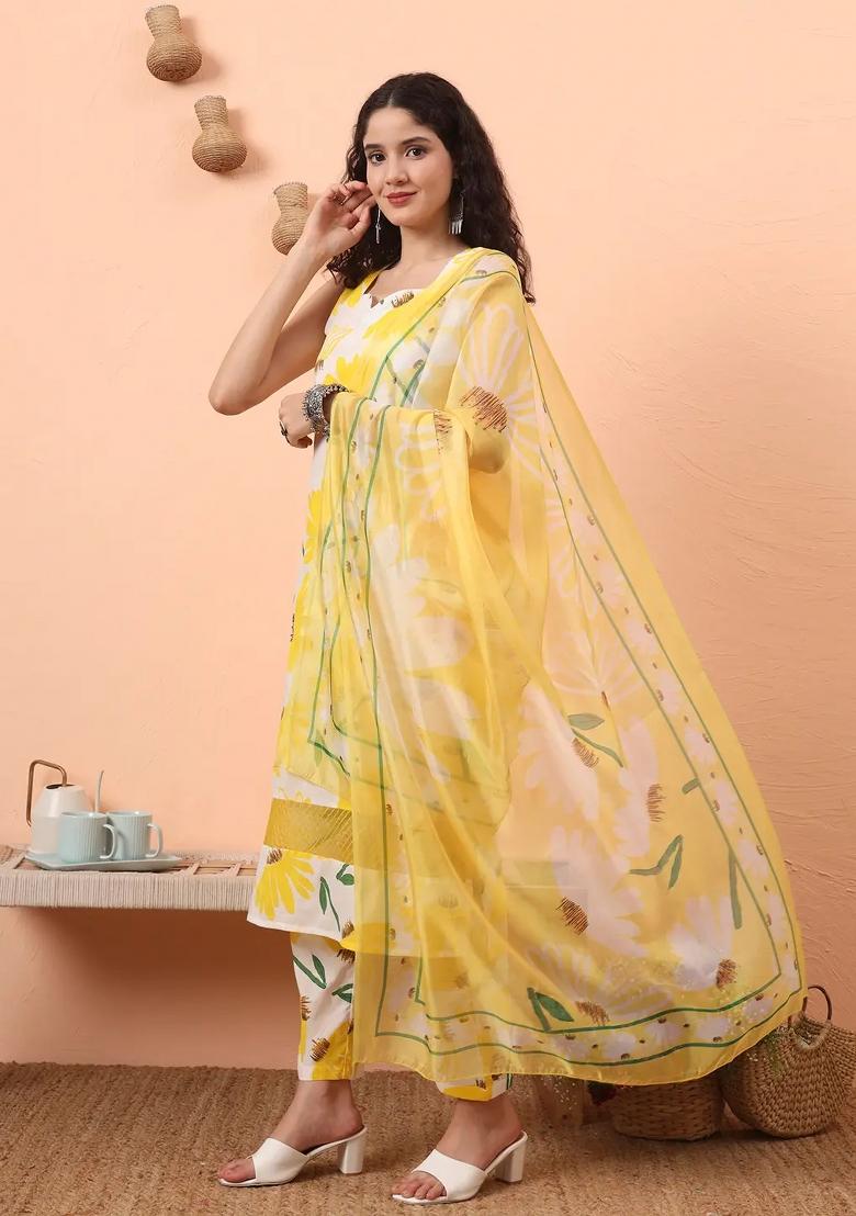 Yellow Floral Print Cotton Kurta Dupatta Set - Indya