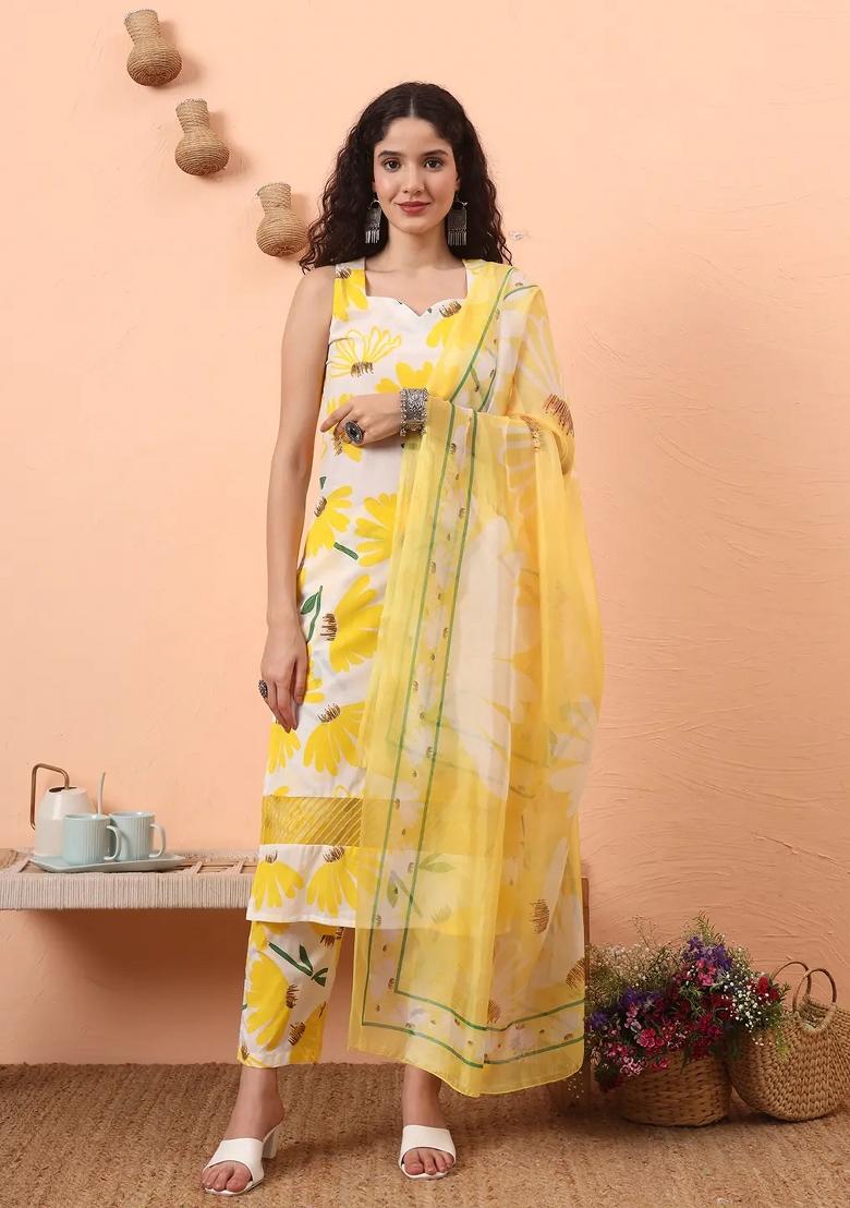 Yellow Floral Print Cotton Kurta Dupatta Set - Indya