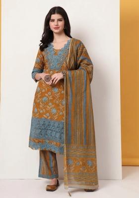 Mustard Motif Cotton Kurta Dupatta Set