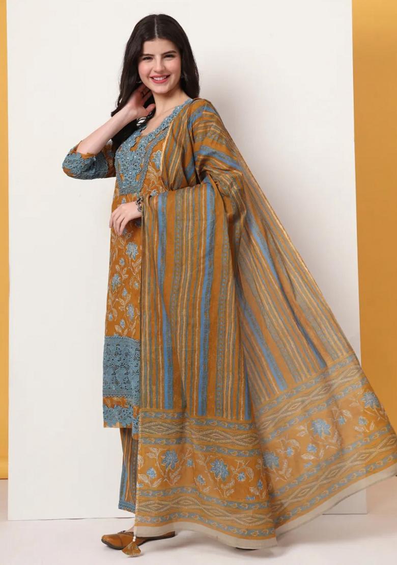 Mustard Motif Cotton Kurta Dupatta Set - Indya