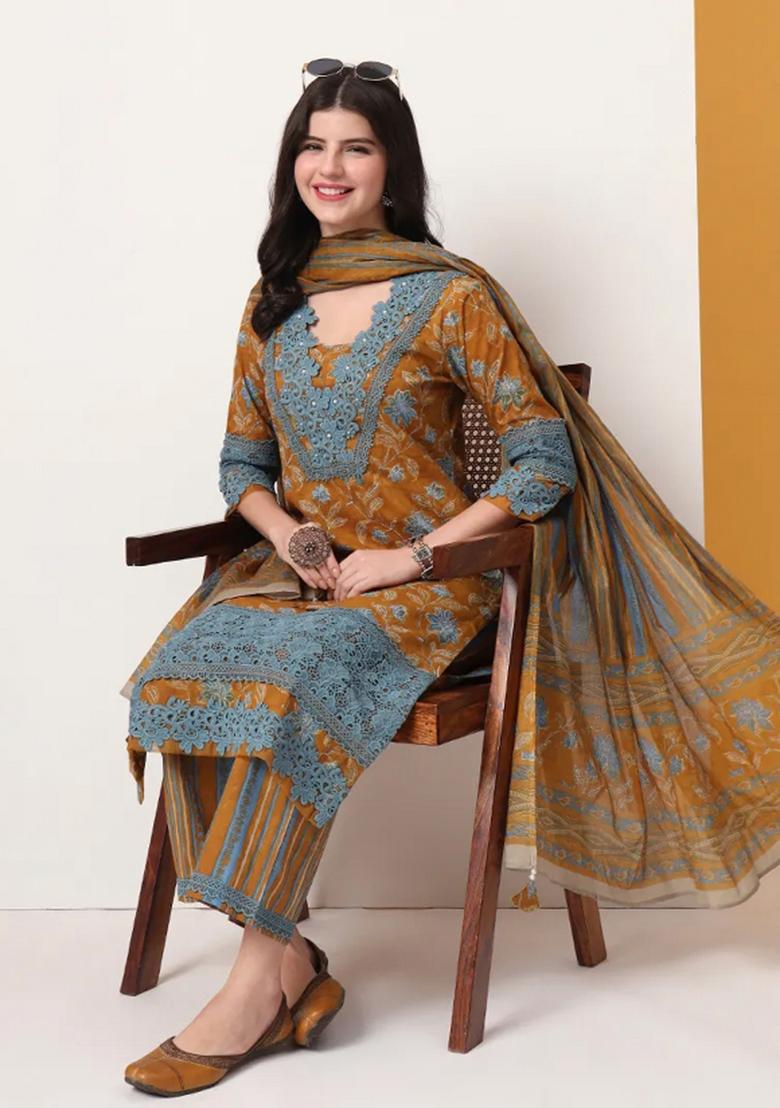 Mustard Motif Cotton Kurta Dupatta Set - Indya