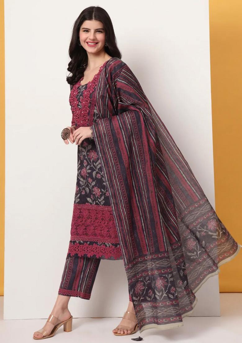 Purple Motif Cotton Kurta Dupatta Set - Indya