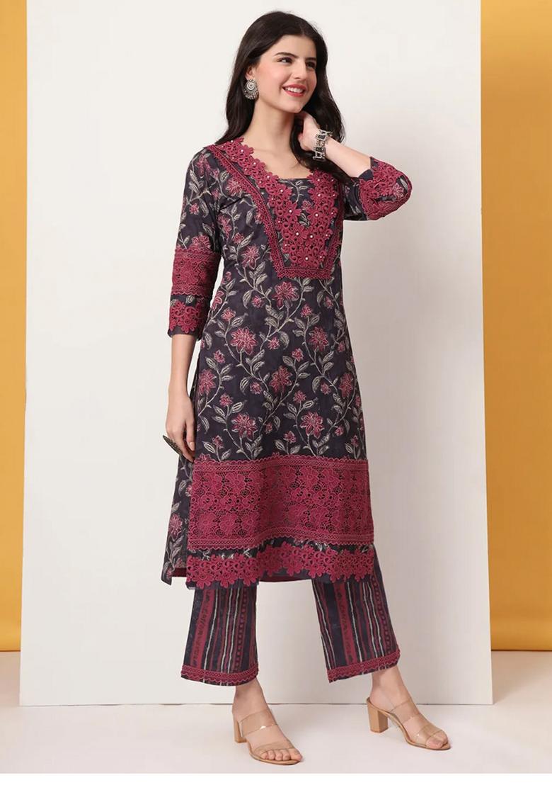 Purple Motif Cotton Kurta Dupatta Set - Indya