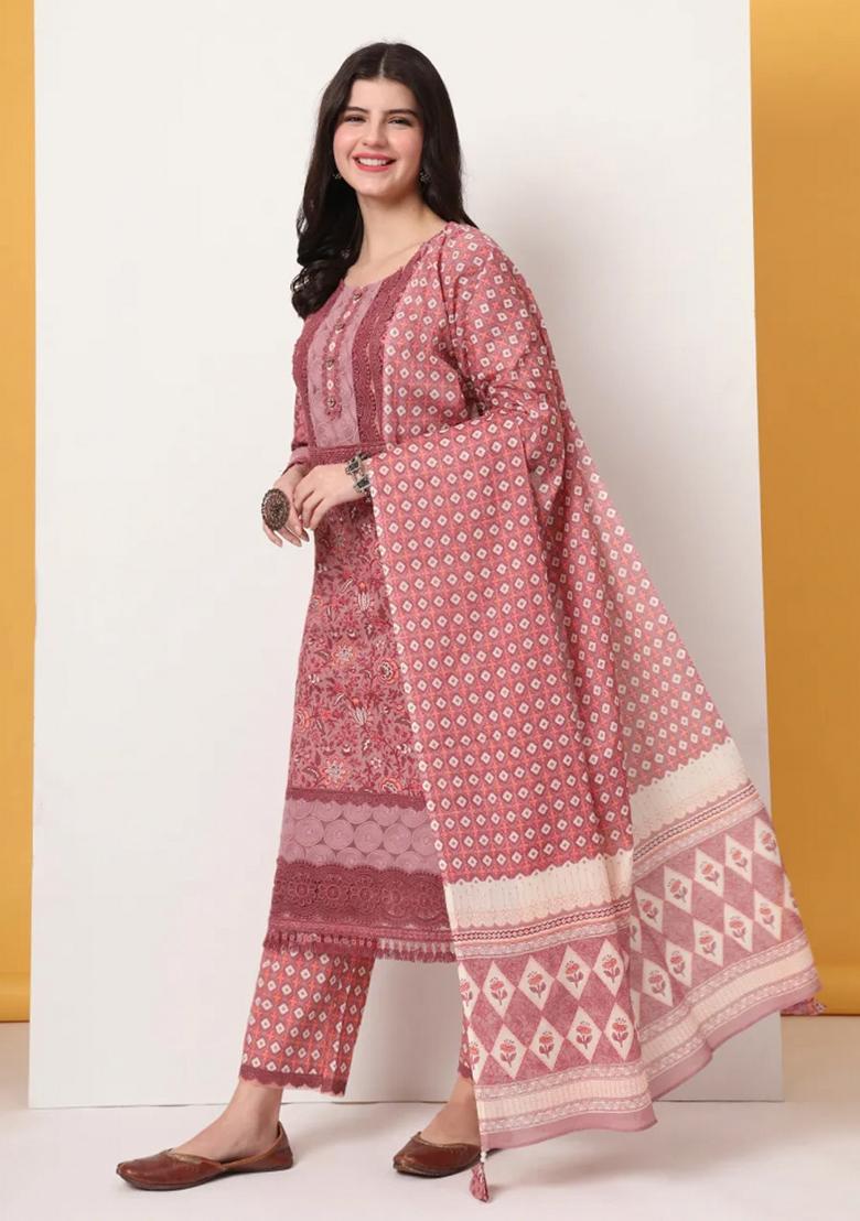 Pink Motif Cotton Kurta Dupatta Set - Indya