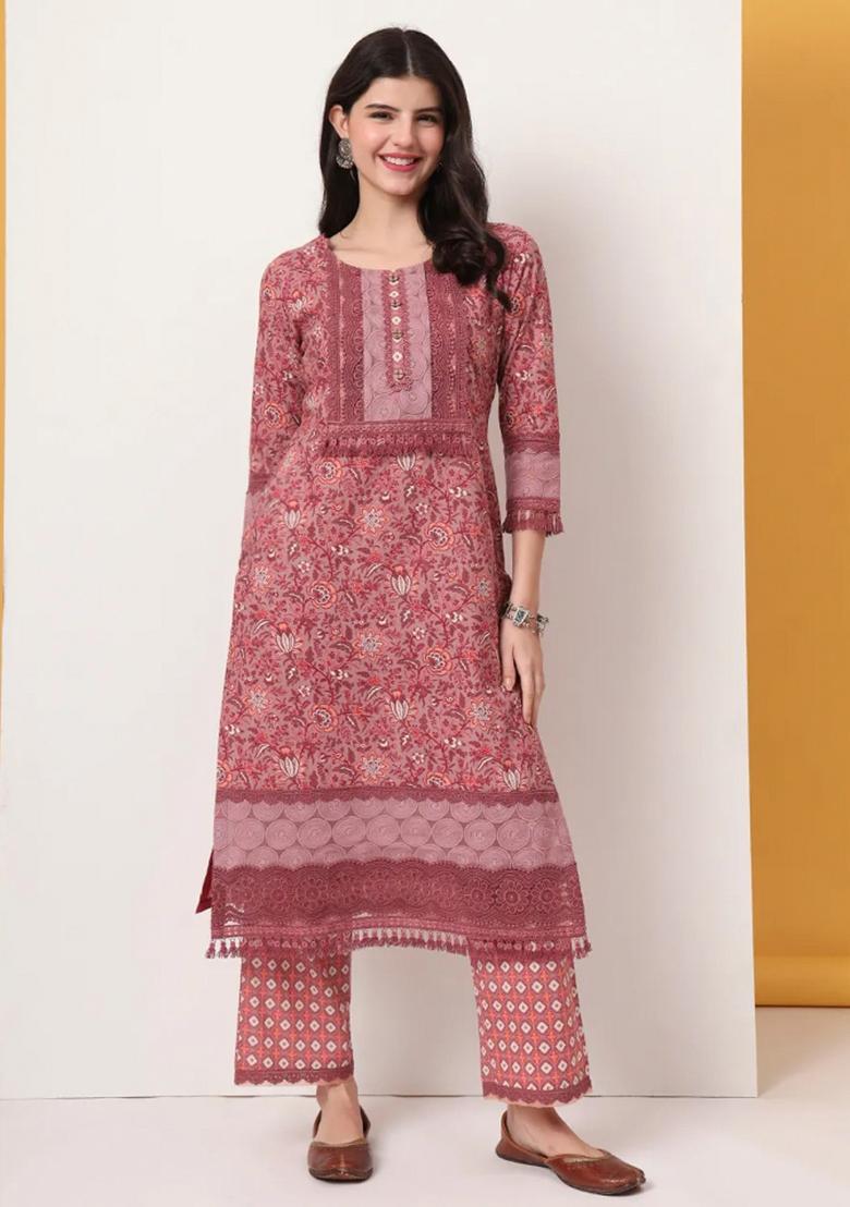 Pink Motif Cotton Kurta Dupatta Set - Indya