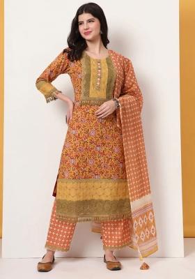 Yellow Motif Cotton Kurta Dupatta Set