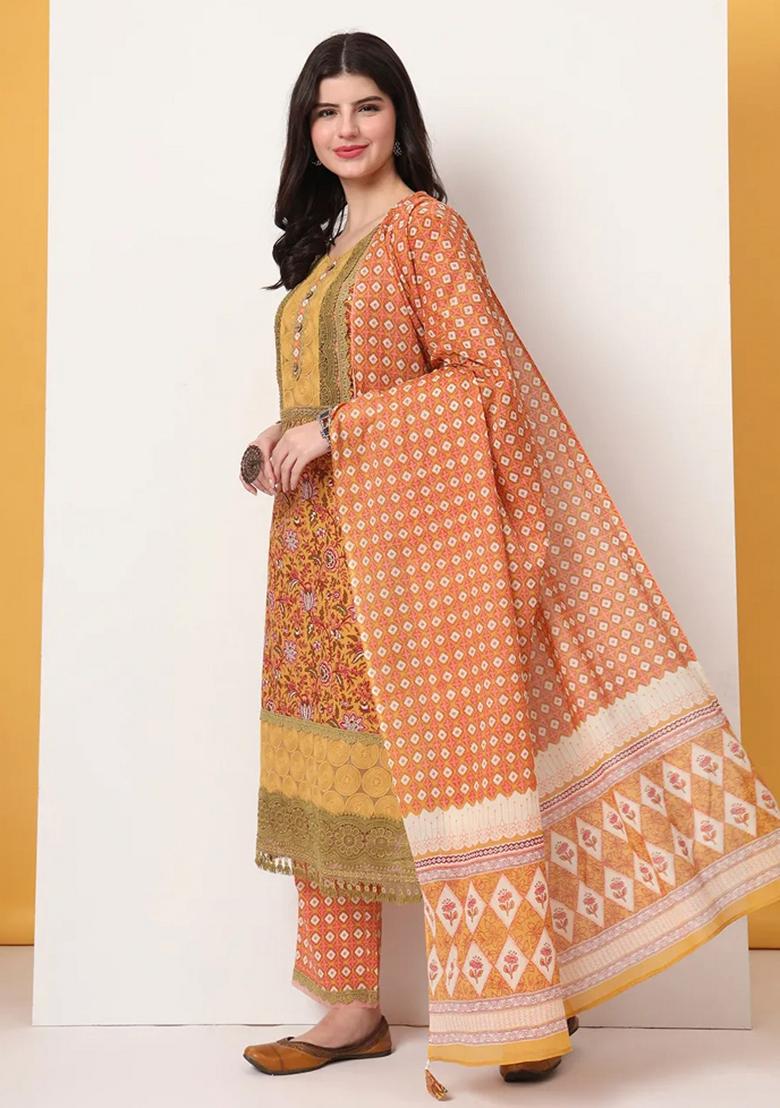 Yellow Motif Cotton Kurta Dupatta Set - Indya