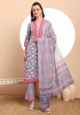 Blue Motif Cotton Kurta Dupatta Set