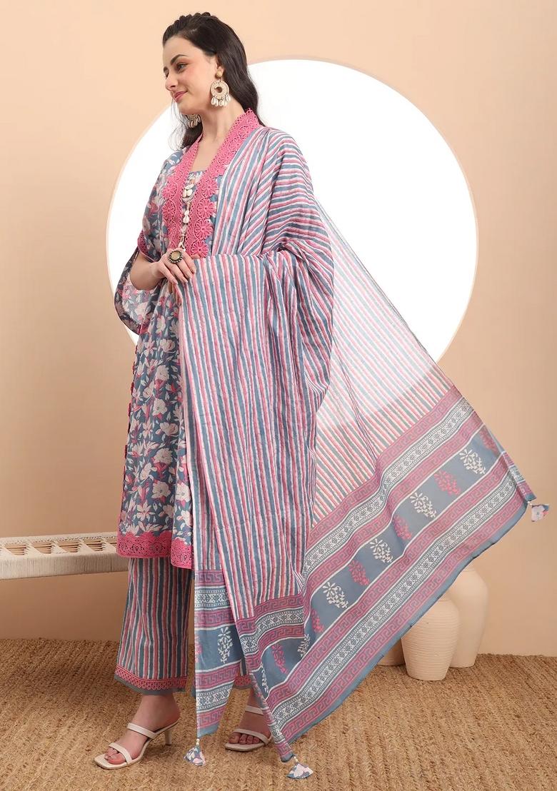 Blue Motif Cotton Kurta Dupatta Set - Indya