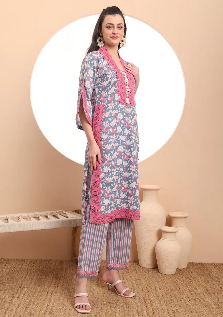 Blue Motif Cotton Kurta Dupatta Set - Indya
