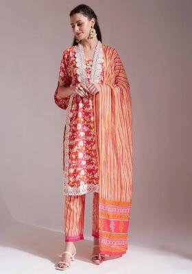 Pink Motif Cotton Kurta Dupatta Set