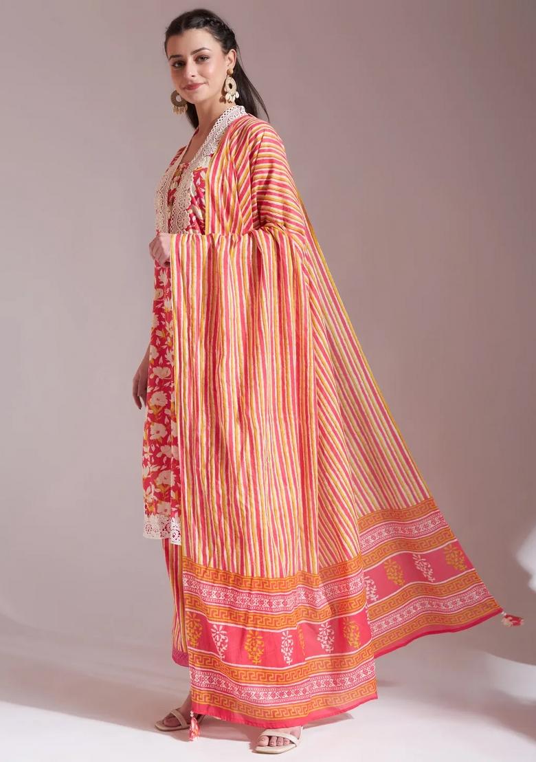 Pink Motif Cotton Kurta Dupatta Set - Indya