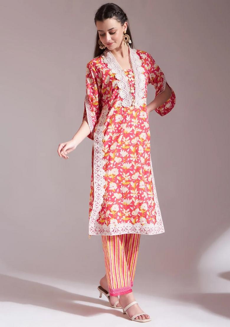 Pink Motif Cotton Kurta Dupatta Set - Indya