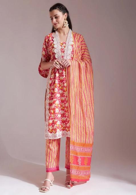 Pink Motif Cotton Kurta Dupatta Set
