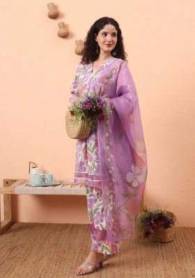 White Printed Cotton Kurta Dupatta Set