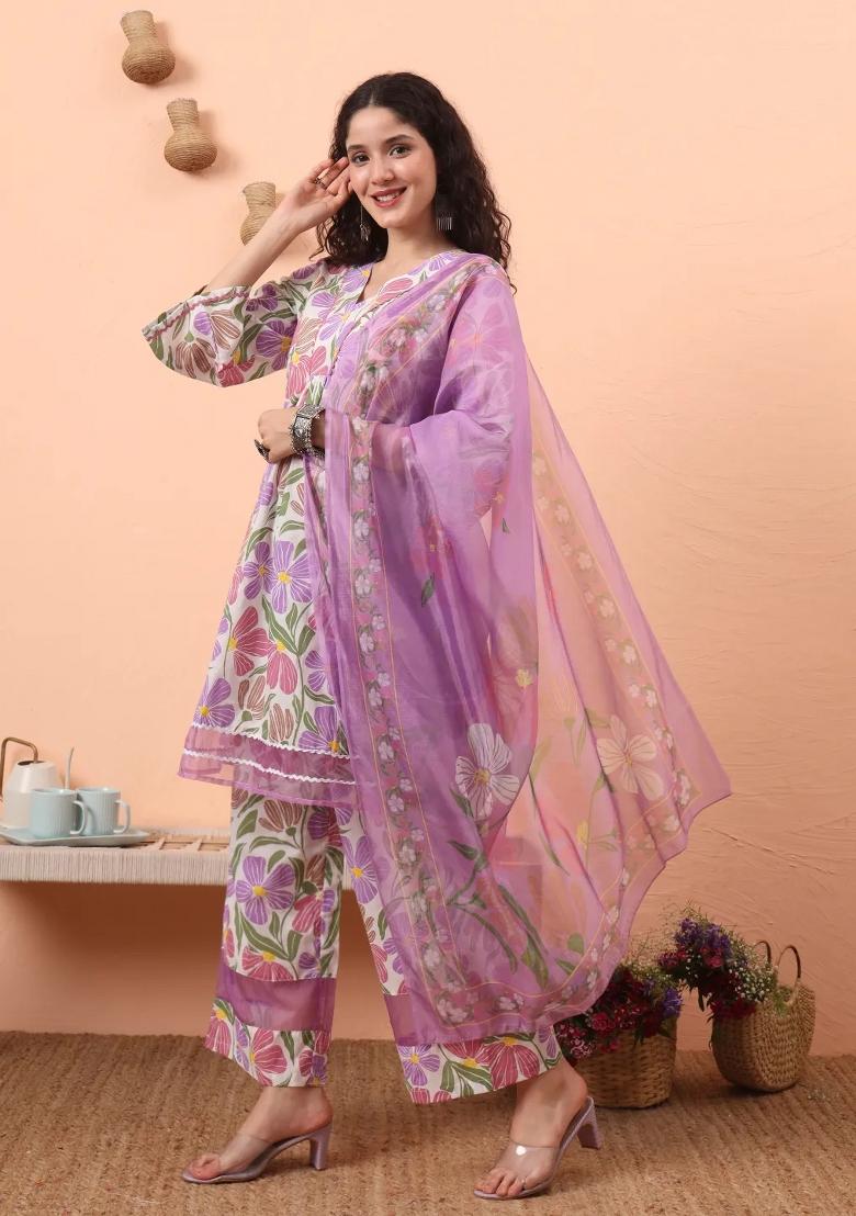 White Printed Cotton Kurta Dupatta Set - Indya