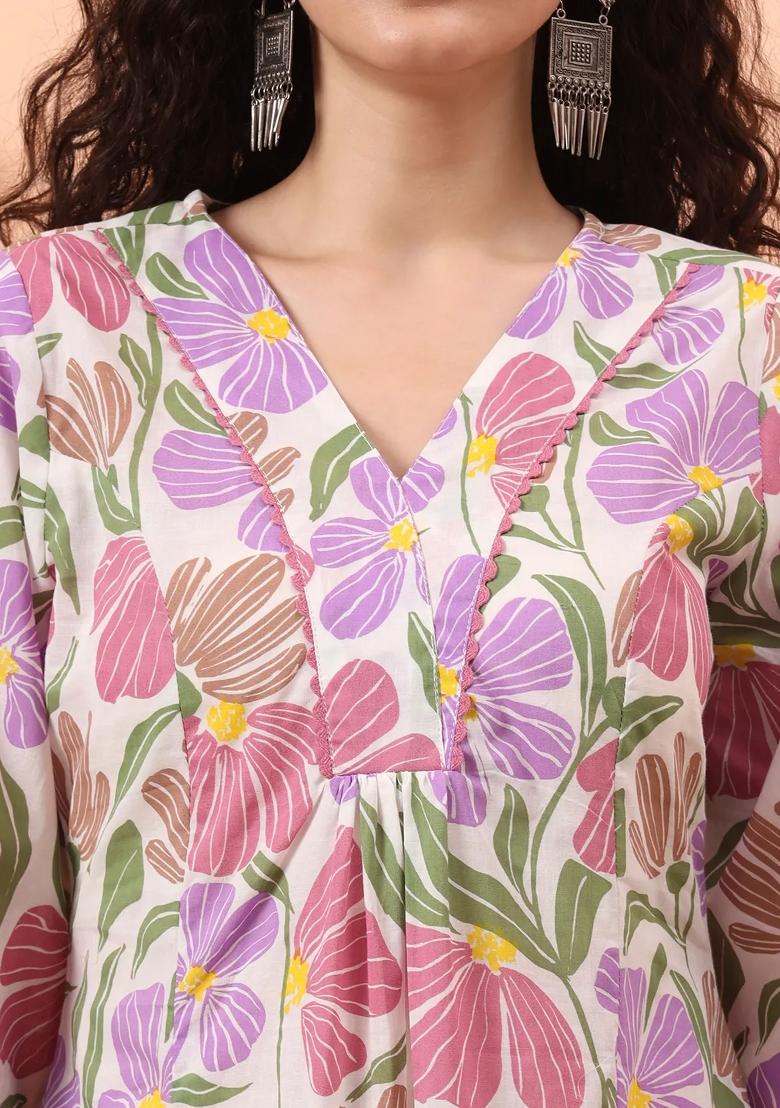 White Printed Cotton Kurta Dupatta Set - Indya