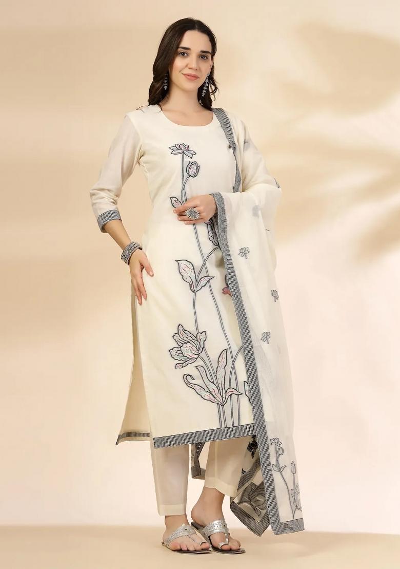 Off White Sequins Work Cotton Kurta Dupatta Set - Indya