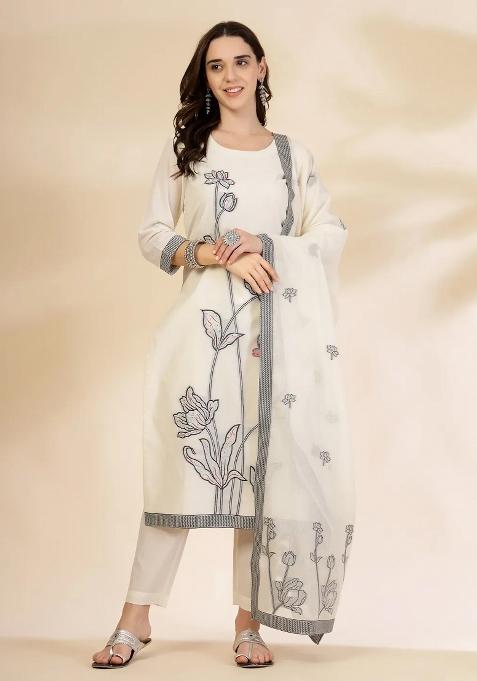 Off White Sequins Work Cotton Kurta Dupatta Set